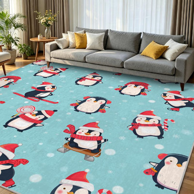 Clear Machine Washable,with Cute Penguins Animals Penguin Indoor Area Rug