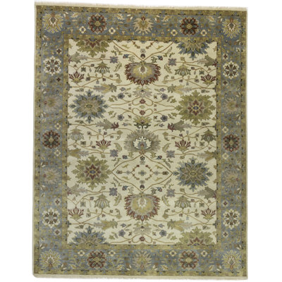 Floral Handmade Hand-Knotted Rectangle 9' x 12' Wool Area Rug in Cream