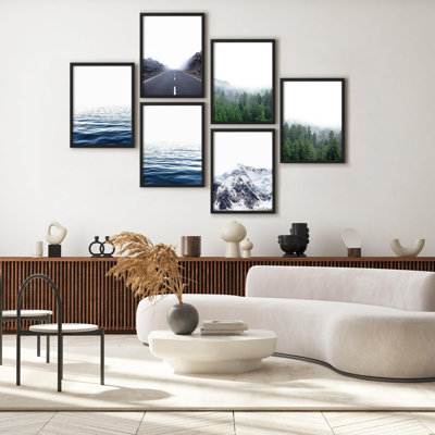 Art mural encadré, ensemble de galerie, paysage minimaliste, océan, route et montagne, photographie, décoration moderne pour le salon, la chambre à coucher, le bureau