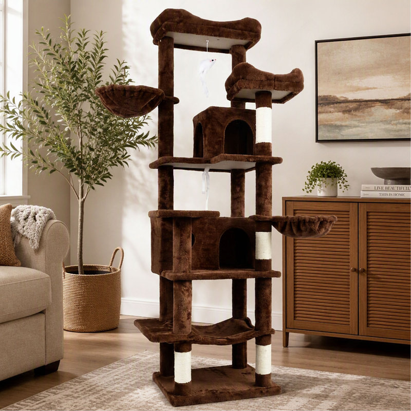 Arbre à chat, 68 po, haut design vert à plusieurs niveaux avec hamacs, panier suspendu, grotte pour chat, coussin amovible et poteaux à griffer - brun