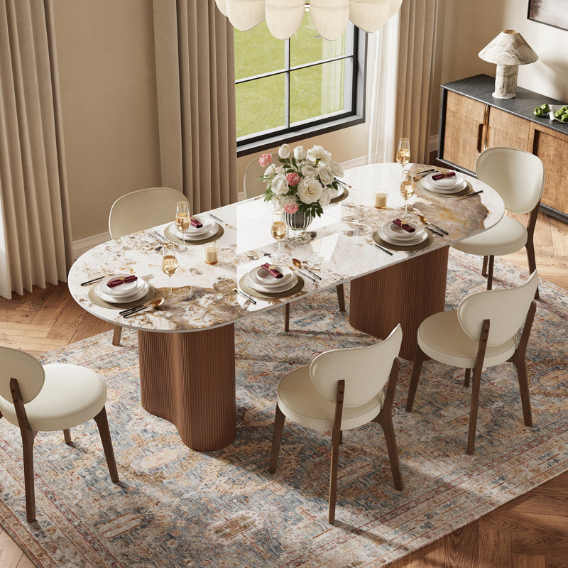 Table de salle à manger ovale moderne 71 "pour 6 personnes Jamani, plateau en pierre frittée blanc brillant, pieds en bois massif