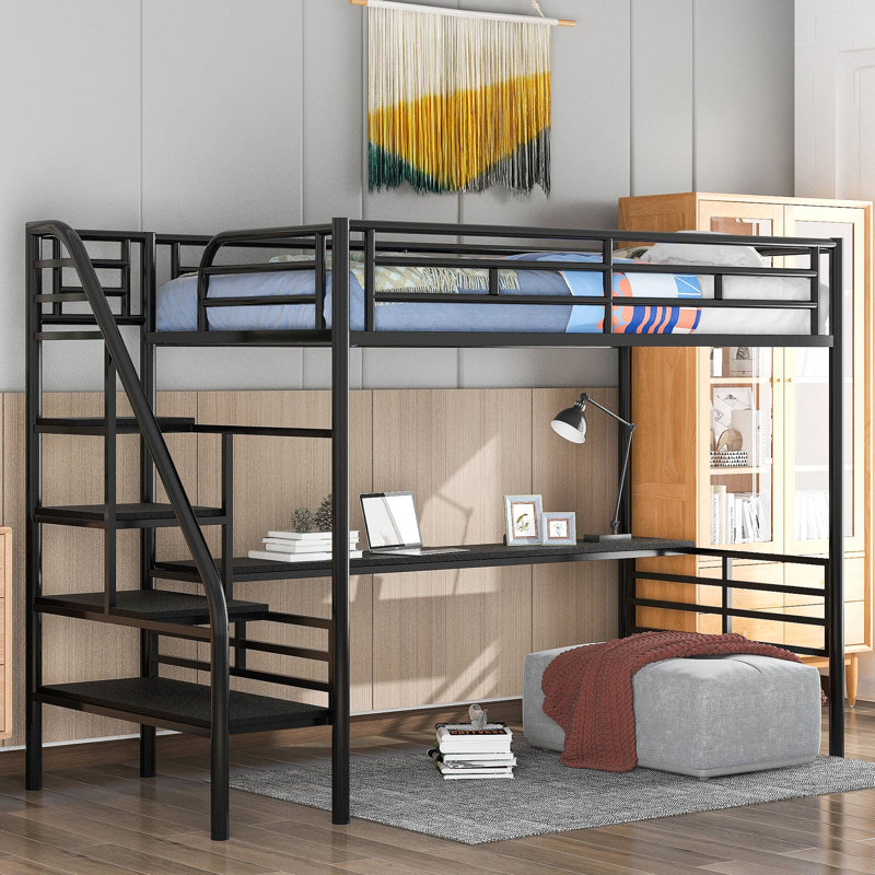Structure de lit mezzanine en métal avec bureau, aucun sommier nécessaire