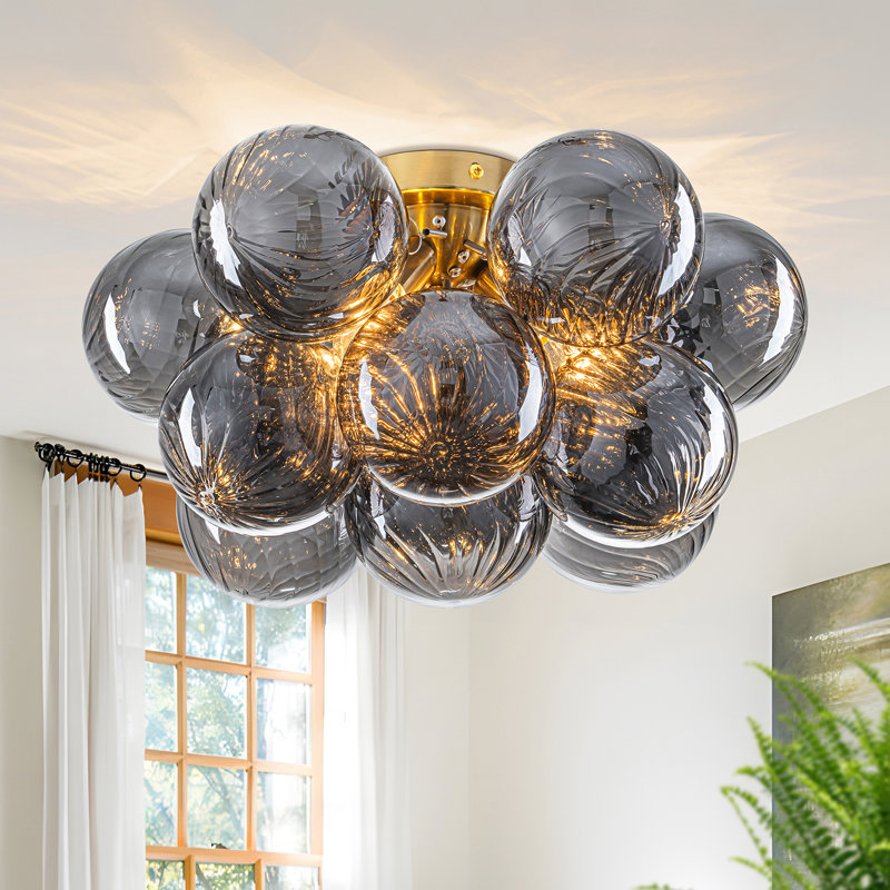 Plafonnier semi-encastré 3 lumières à intensité variable avec bulles sphériques en verre tourbillonnant gris fumé et coloré