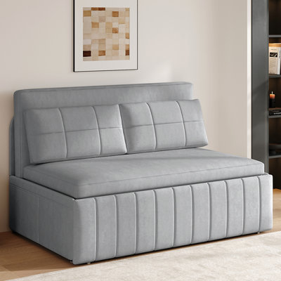 Queen 3 In 1 Convertible Pull Out Sleeper Loveseat Sofa Bed for Guest Room, Grey Blue