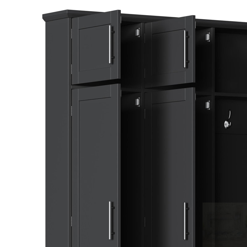 Farmhouse Hall Tree With 4 Hidden Hooks, Walnut Seating Bench, 8 Doors, Entryway Shoe Cabinet, Open Compartment, Black
