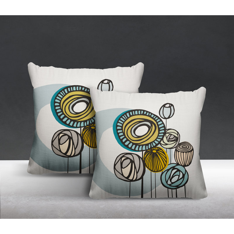  Coussin décoratif floral intérieur / extérieur réversible, L 15 po x H 15 po, Turquoise