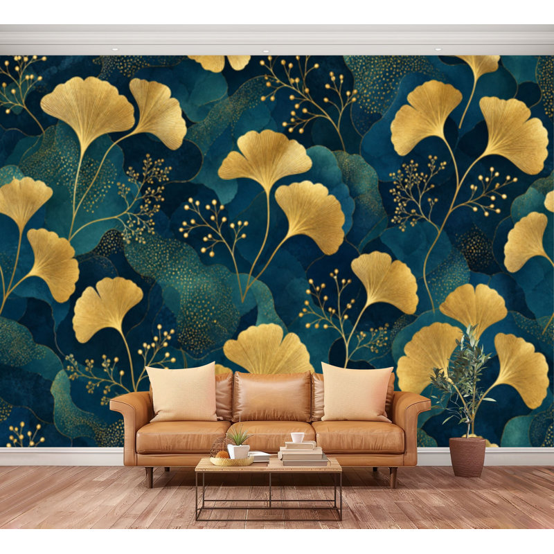 Papier peint adhésif peler et coller sans soudure feuille de gingko doré et feuilles vertes à l'infini Idéal pour la décoration murale en papier autocollant amovible pour le salon Chambre à coucher H 100 po x l 144 po