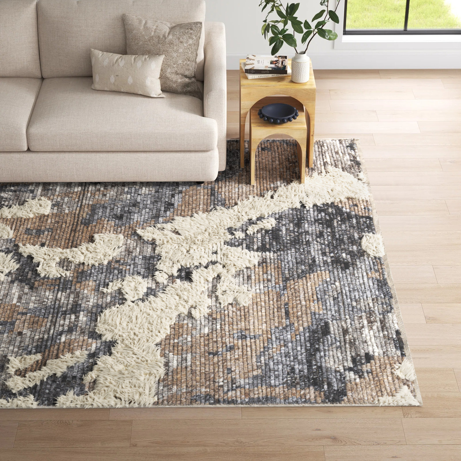 Zubi Dark Brown Cream Hand-Knotted Abstract Rug, Rectangle 8'10" x 12'