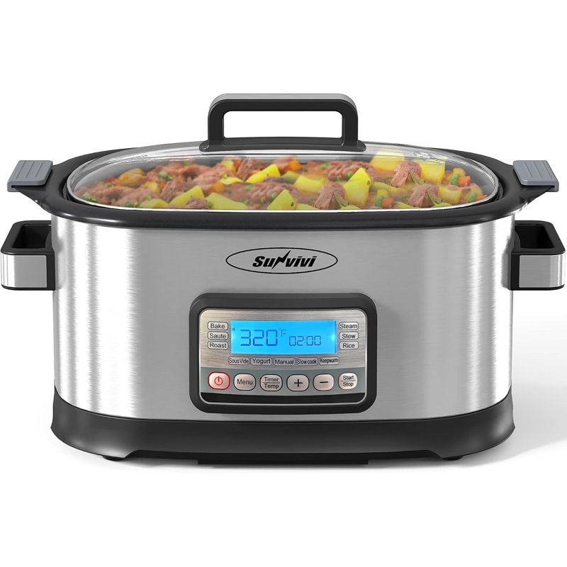 11-in-1 Multi Slow Cooker Roaster Oven, 6.5QT Sliver Digital Programmable Slow Cooker with Rack, Large Removable Nonstick Crock, Glass Lid, Multicooker with Timer Temp Control, Delay Start