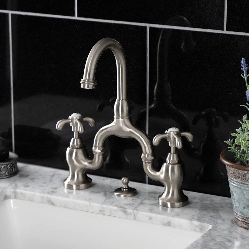 Kingston Brass French Country Two-Handle 3-Hole Deck Mount Bridge Bathroom Faucet with Brass Pop-Up, Brushed Nickel