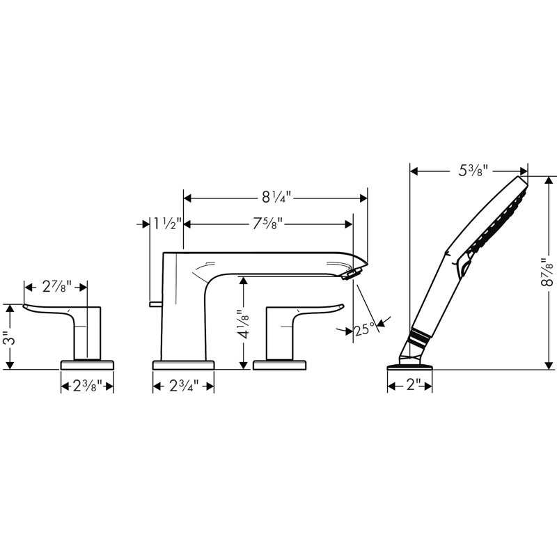 Metris Double Handle Deck Mounted Roman Tub Faucet Trim with Diverter and Handshower, Brushed Nickel