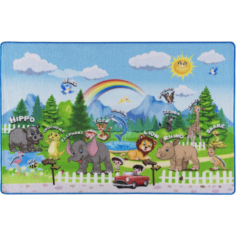 Tapis bleu / vert touffeté à la machine Rectangle Arrighetto, Rectangle 4 pi 4 po x 6 pi 3 po