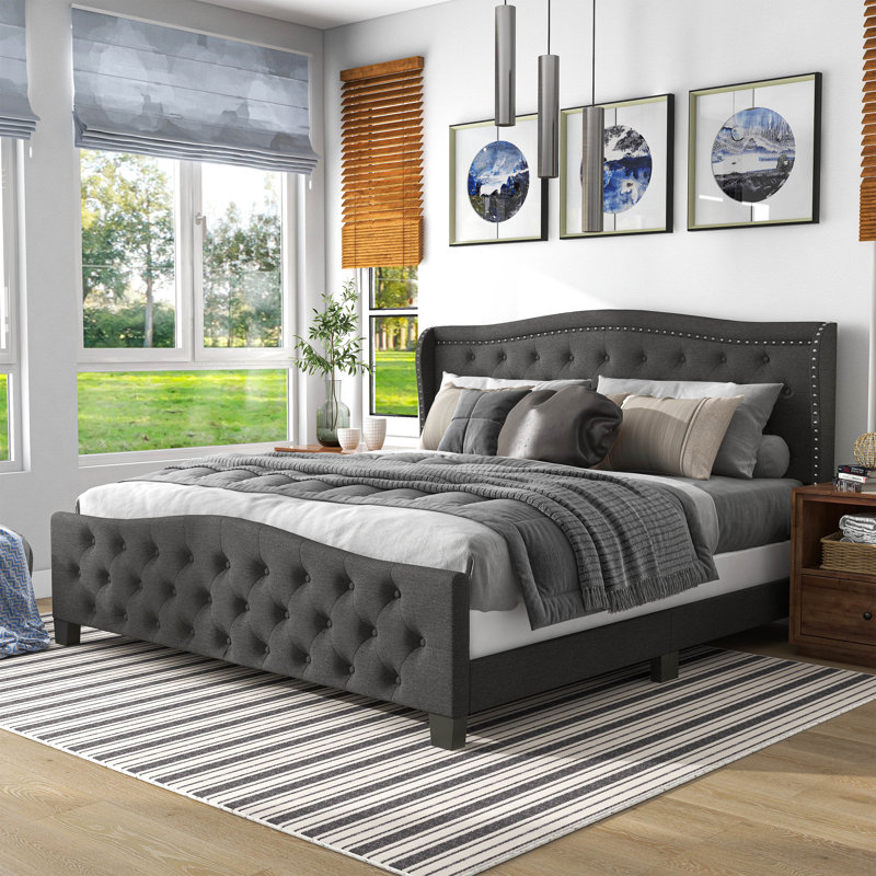 Danii Upholstered Wingback Bed, King, Dark Gray