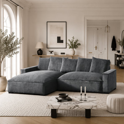 Canapé modulaire en L avec rembourrage en duvet de plumes et revêtement en velours côtelé