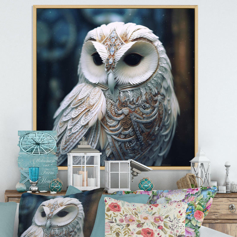 Art mural sur toile White Owl's Wise Gaze, H 30 po x l 30 po x P 1 po, Cadre flottant brun