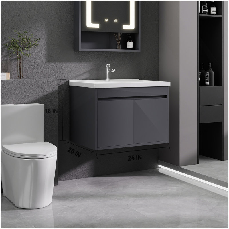 Meuble-lavabo 24 po avec lavabo en céramique et porte d'armoire à fermeture en douceur, fixation murale flottante, bonde escamotable, siphon inclus, gris (sans robinet)