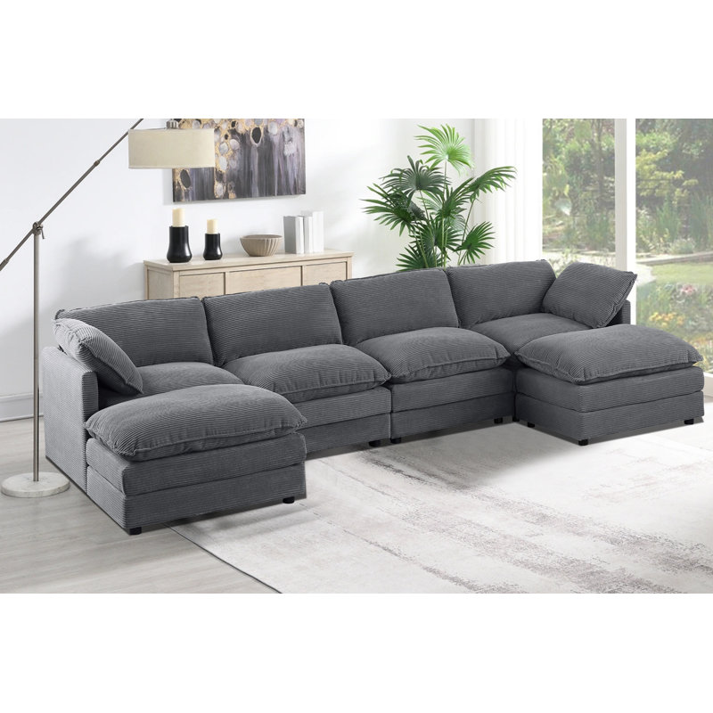 6 - Piece 140" U Shape Sectional Sofa Cloud Couch With Removable Ottomans, Gray Corduroy