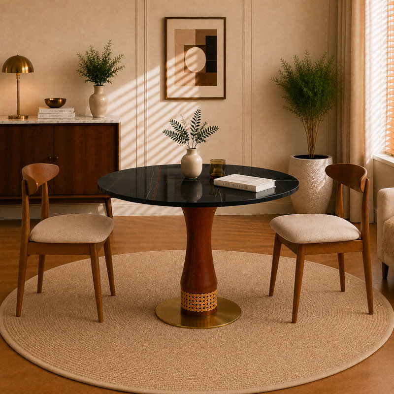 Table de salle à manger ronde de 85 cm (33,5 po) en pierre frittée et pieds en bois d'hévéa, piétement design en bois d'hévéa avec accents en osier tressé à la main et base en acier inoxydable pour cuisine, appartement et bistrot