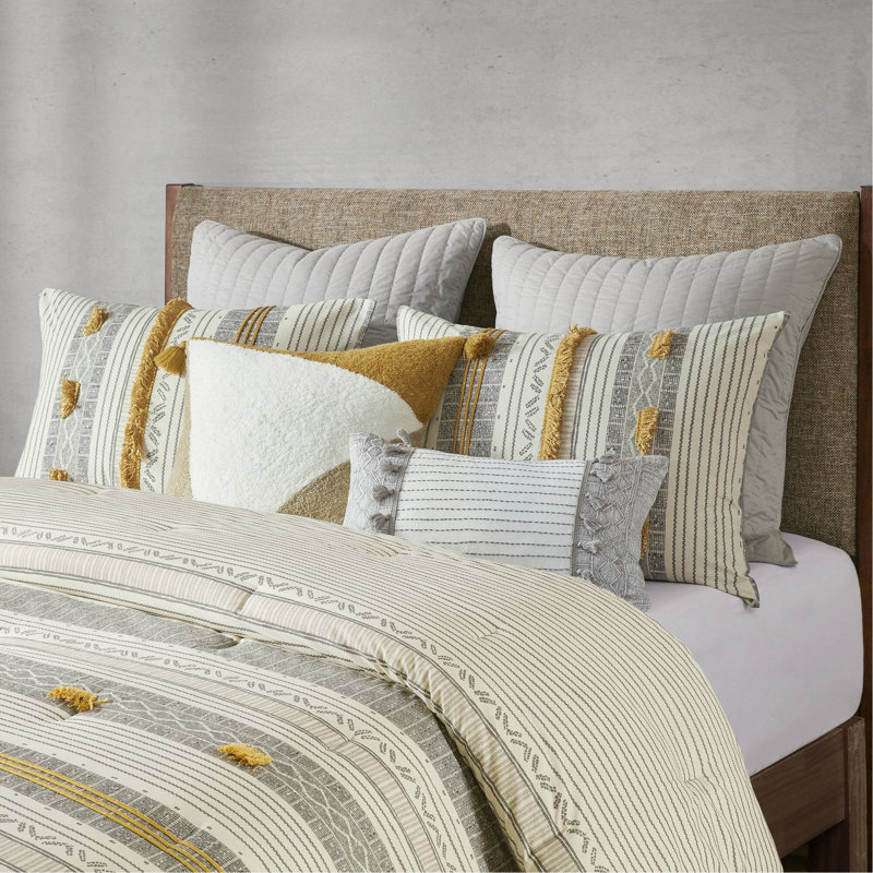 Ensemble d'édredon en coton 3 pièces gris / jaune grand, Édredon grand et 2 taies décoratives
