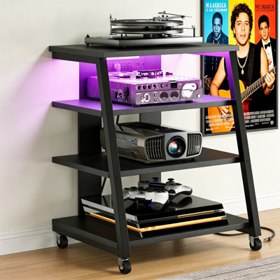 4-Tier AV Media Stand With Wheels, Power Strips, LED Lights, For Record Player, Apple TV, PS4, Black