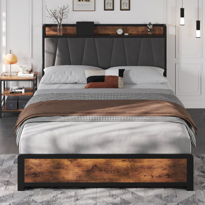Bed Frame with 4 Storage Drawers, Platform Bed with Linen Upholstered Headboard