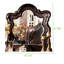 Très grand lit 4 pièces avec composants rembourrés, aspect noyer foncé, dessus en marbre sur la commode et la table de chevet, rangement pleine extension