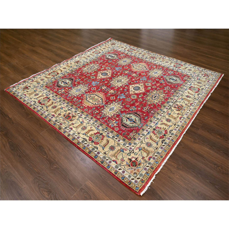Tapis oriental carré rouge en laine noué à la main 8 pi x 8 pi Karajeh