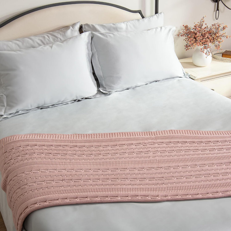 Cameo Pink Organic Cotton Cable Knitted Throw Blanket 50x70 Inches