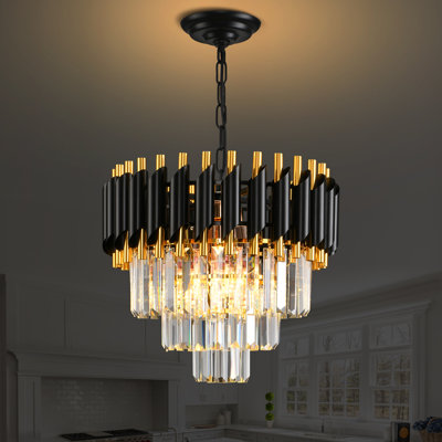 15.7" Modern Black & Gold Crystal Chandelier, E12 Base, No Bulb Included
