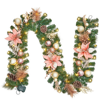 Guirlande de Noël de 9 pi pour manteau de cheminée, guirlande de Noël pré-éclairée avec 40 lumières à DEL et ornements en forme de boule de minuterie pour la cheminée extérieure