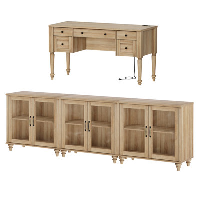 Ensemble de bureau 2 pièces, bureau double 56 po et ensemble de 3 armoires avec porte vitrée