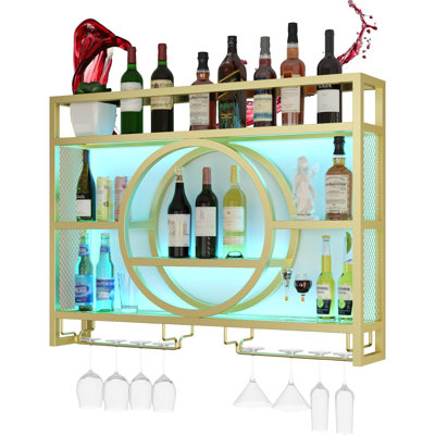 Support à vin mural avec porte-verres à vin Tablettes flottantes pour bouteilles de boissons alcoolisées avec éclairage à DEL Étagère pour bouteilles de boissons et boissons