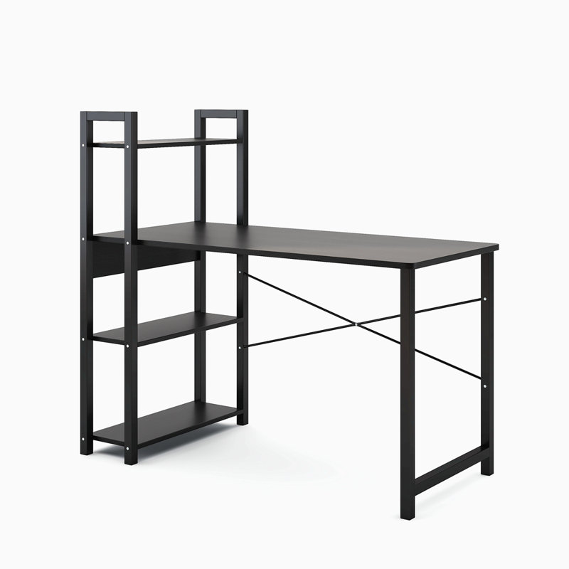 Bureau d'ordinateur, bibliothèque, table de bureau intégrée, table de chambre à coucher, cadre en acier, bureau d'écriture, bureau d'ordinateur avec tablettes de rangement à 4 niveaux 