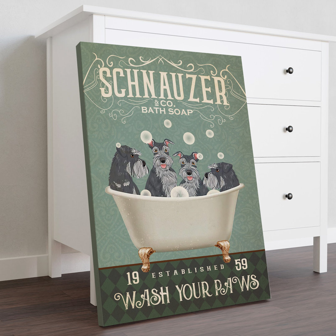 Schnauzer - Wash Your Paws Gallery Wrapped Canvas - Pet Illustration Decor, Black And Green Home Decor Winston Porter 