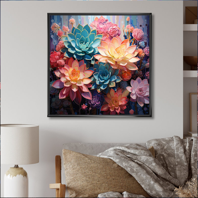 " Pink Succulent Pink Serenade I ", 36" H x 36" W x 1.5" D, Black Floater Framed