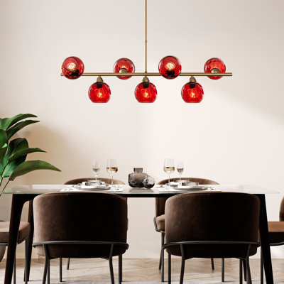 Elegant Red and Gold Chandelier, Metal Body, 43.3 x 15.7 x 33.1 inches | 7 x E27 Sockets, Max 40W | Stylish Lighting Fixture for Living Room & Dining Room | IP20 Rated, Bulbs Not Included, Perfect for Home Decor
