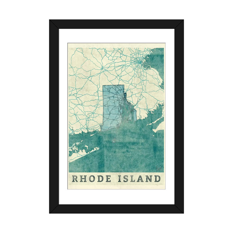 «Rhode Island Map», impression sur toile, H 24 po x l 16 po x P 1 po, Papier d'art encadré noir, Blanc