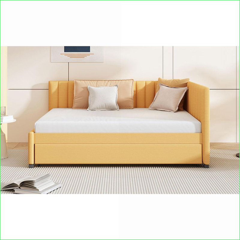 Full Size Linen Upholstered Daybed with Twin Trundle - No Box Spring Needed, Yellow - Ideal for Small Spaces, Full , Yellow