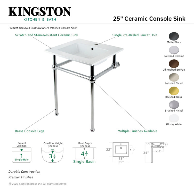 Kingston Brass Templeton 25-Inch Ceramic Console Sink with Brass Legs, White/Brushed Brass, Single