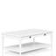 Table basse blanche avec 2 tiroirs et rangement, en bois massif et deux espaces de rangement, aspect transitionnel