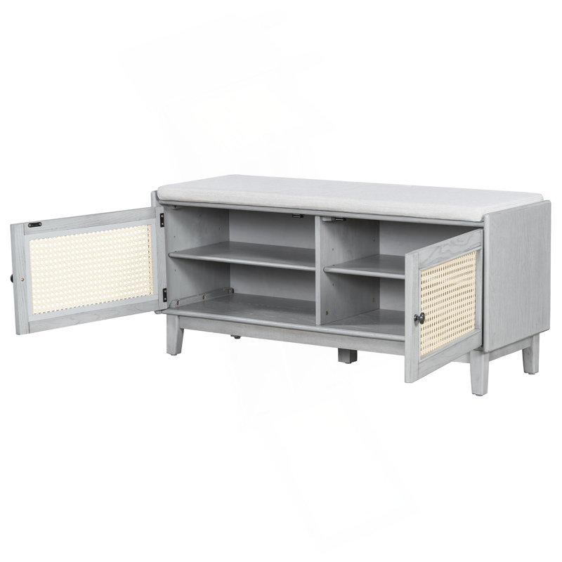 Boho Rattan Entryway Bench With Storage, Cushioned Shoe Bench With Double Doors, Wooden Shoe Organizer Bench For Entryway And Hallway