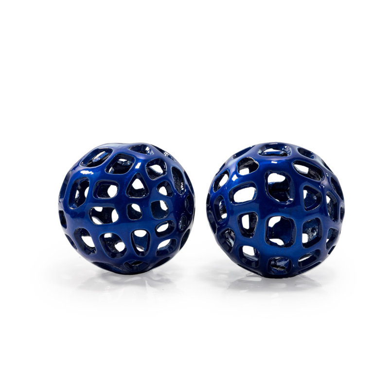 Ensemble de deux orbes décoratifs peints à la main en aluminium bleu