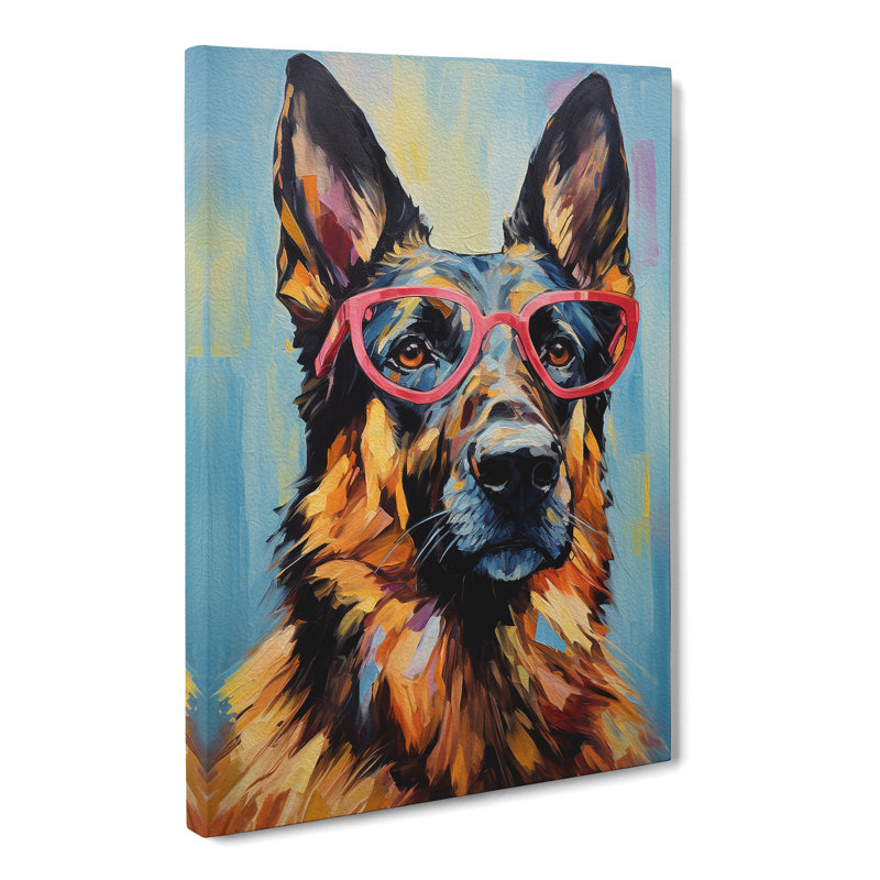 German Shepherd With Glasses Painting No.3 - Wrapped Canvas