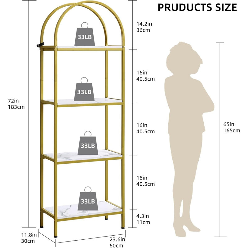 183cm H x 60cm W Metal Bookcase, Gold