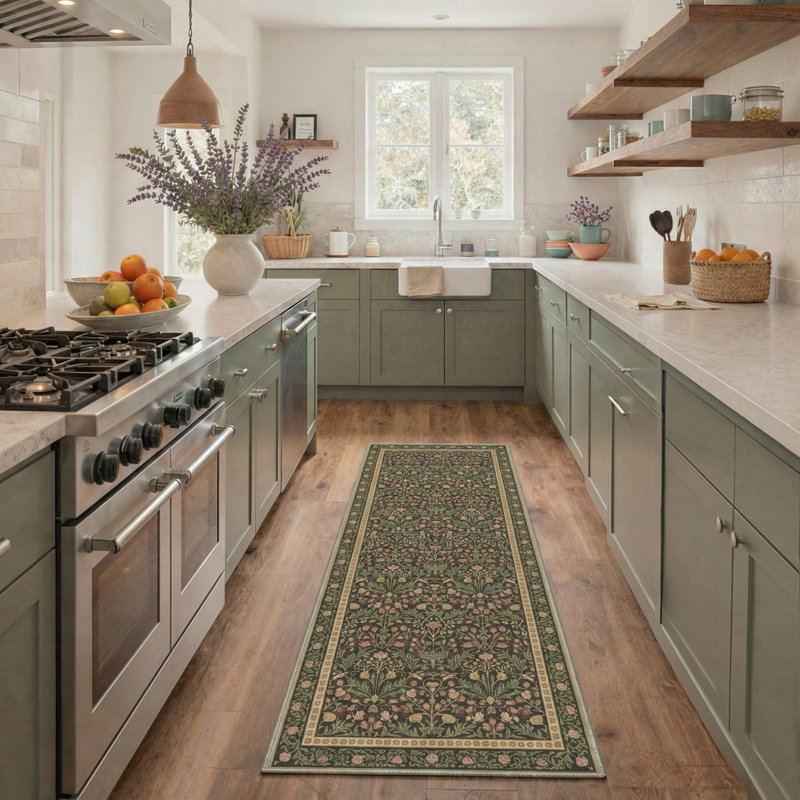 Floral Foliage Vintage Machine Washable Sage Indoor Area Rug With Non-Slip Backing, Runner 2'6" x 8'