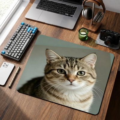 Tapis de souris JYK, surface lisse en microfibre, base antidérapante, bords arrondis, idéal pour le bureau et les jeux, 30,5 x 20,3 cm, gros plan d'un chat gris