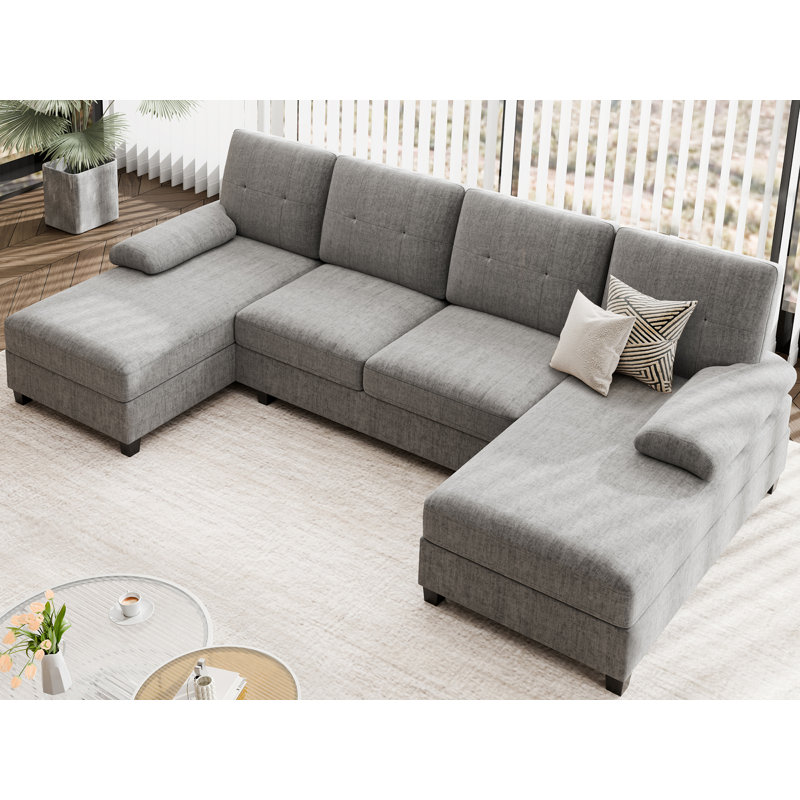 Kennaya 106" Modular Upholstered Sectional, 3-Piece U-Shaped Sectional for Living Room, Gray Cotton Blend