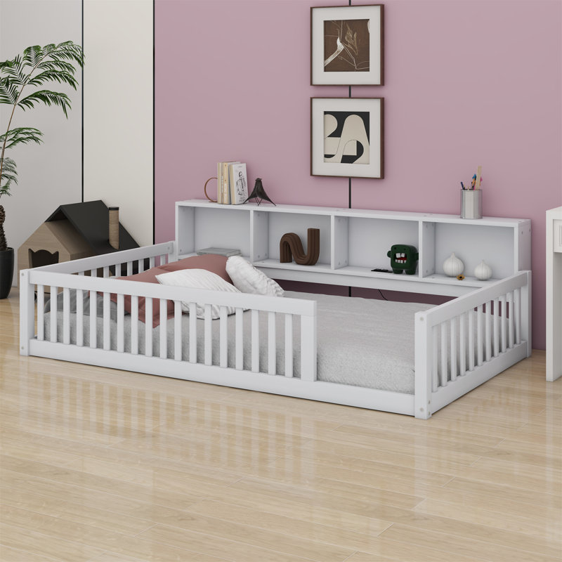 Lit en bois avec rangement et ports USB, Blanc