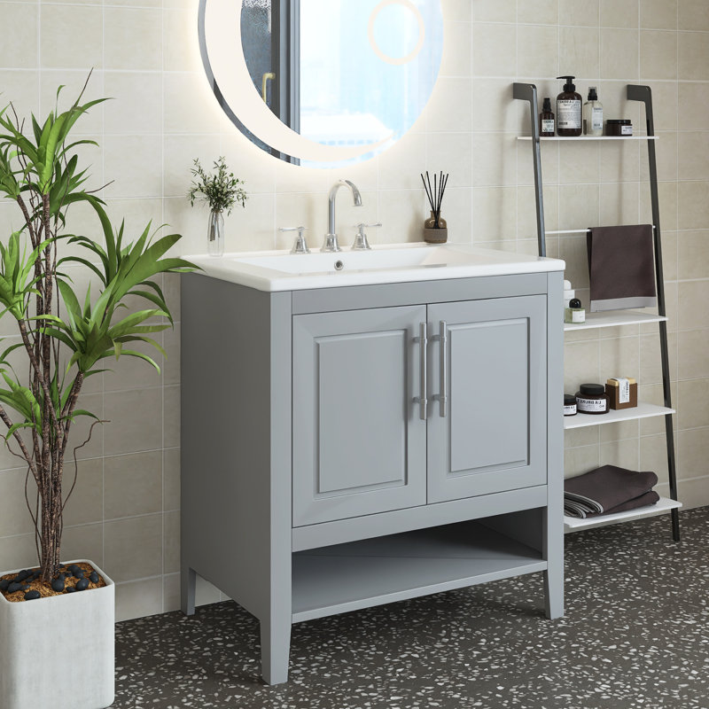 Ensemble de meuble-lavabo simple 30 po avec plateau en céramique Jonnathon, Gris