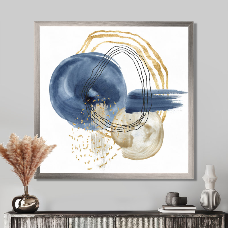 Abstrait bleu foncé doré et noir sous l'eau - peinture sur toile à cadre flottant, Toile avec cadre argenté